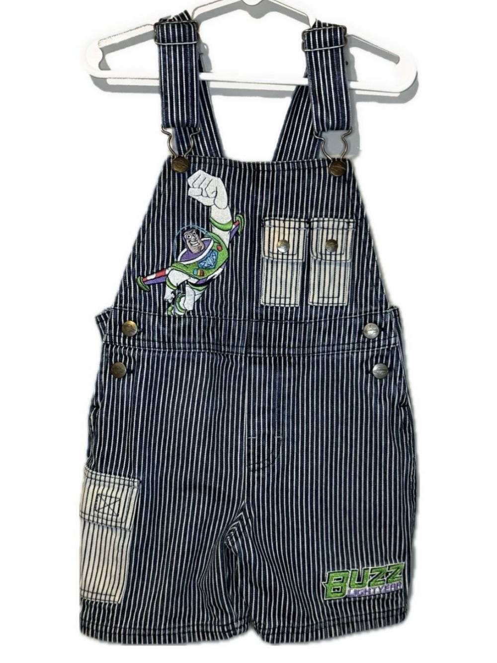 Vintage Toy Story Disney Pixar Navy White Pinstripe Buzz Lightyear Short Overall